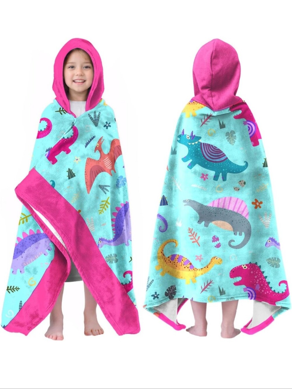 Kids' Hooded Dinosaur Bath Towel Poncho - Pink Trim